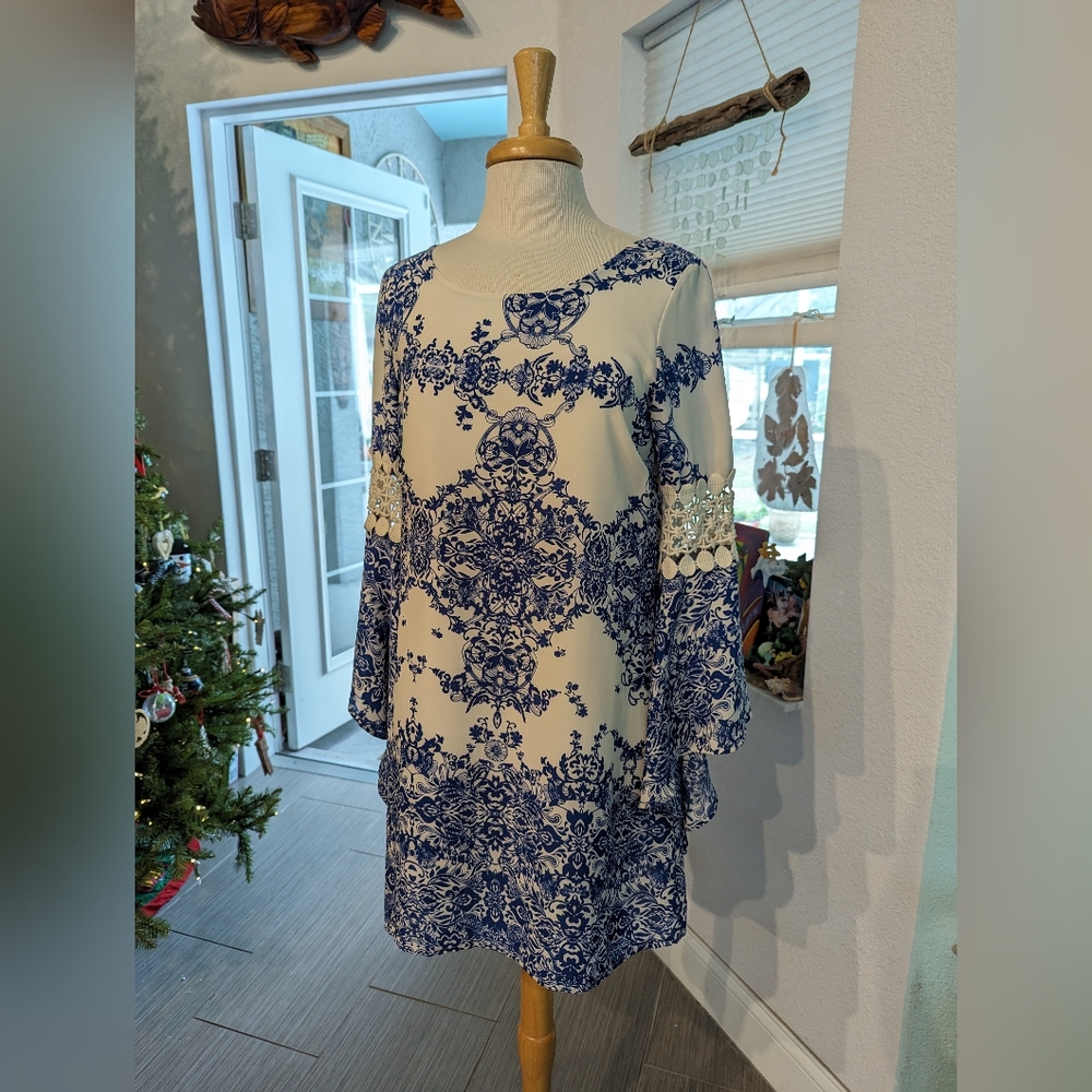 Aggie Floral Blue And Ivory Bell Sleeve Dress